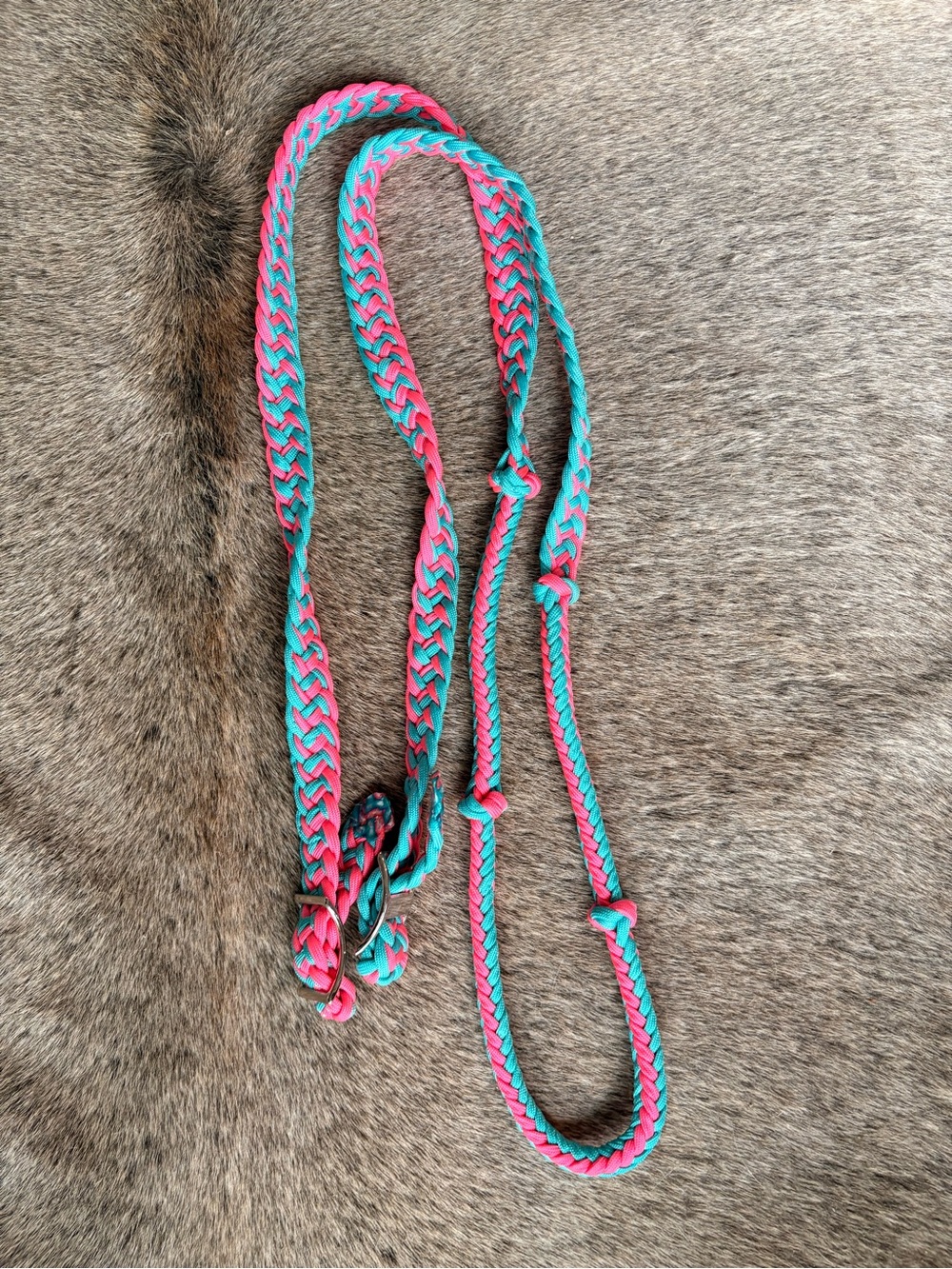 Braided Pink and Teal barrel reins